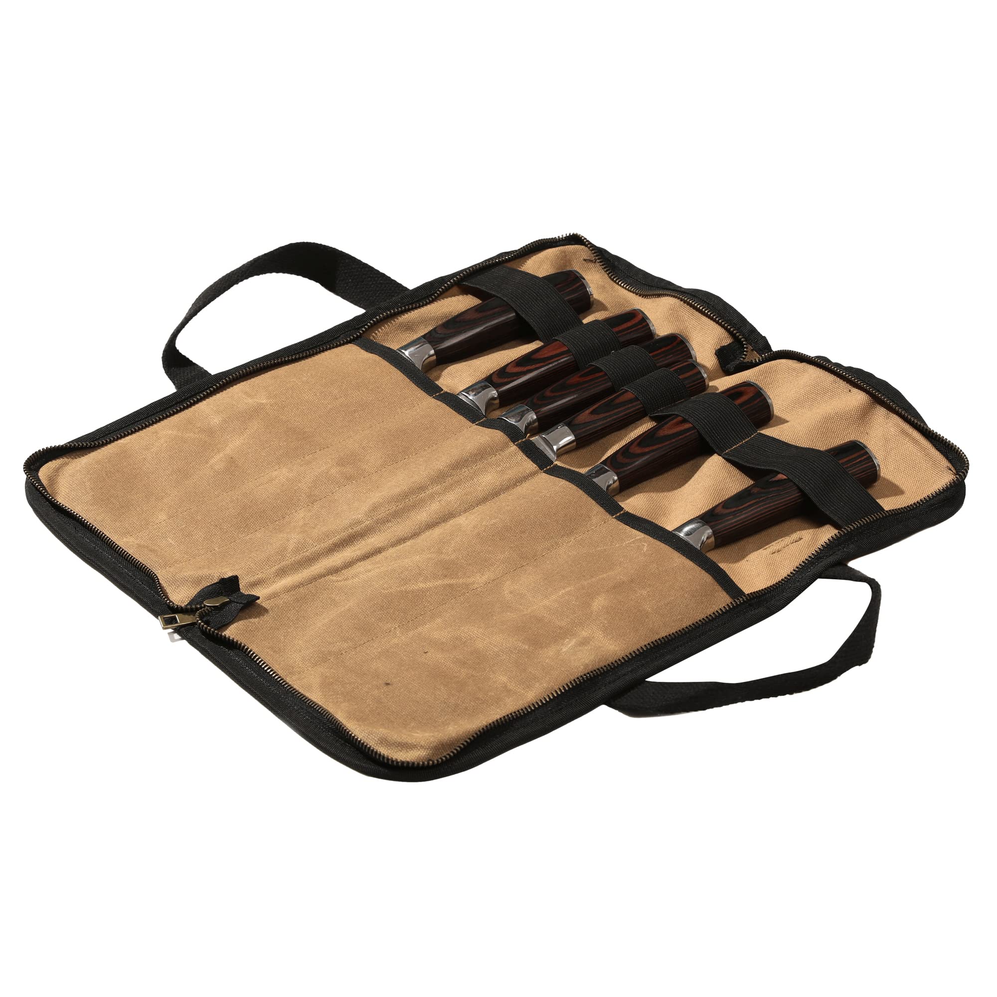 Kaaltisy Chefs Knife Bag, 16OZ Waxed Canvas Knife Roll Bag - for Professional Chefs Culinary School Barbecue, Kitchen Knife Bag with 5 Slots, 38x40cm