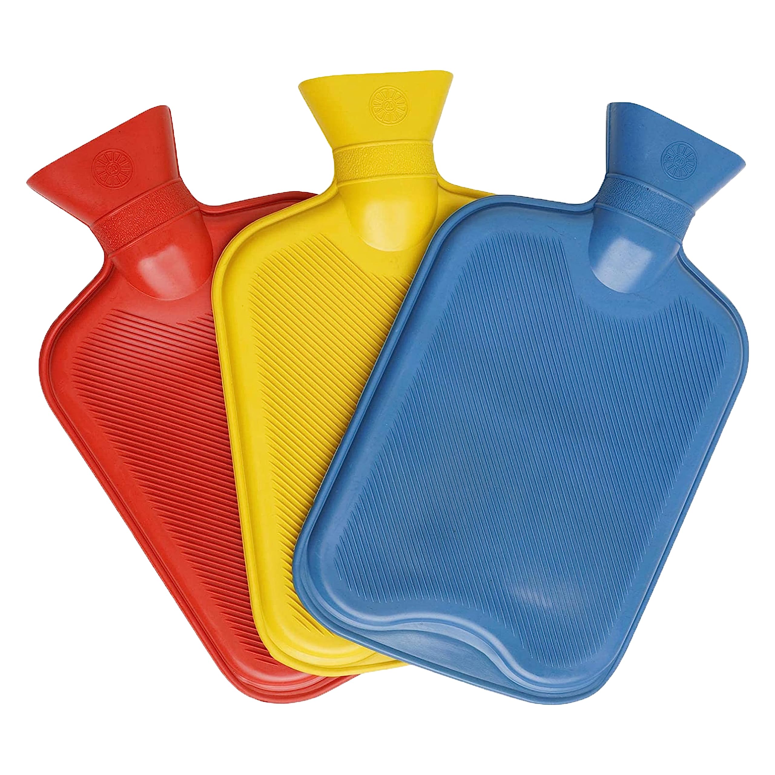 Pack of 3 Hot Water Bottles - Natural Rubber 2 Litre Capacity - 3 Colours in Pack (Red, Yellow and Blue)
