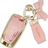 Simocky Key Fob Cover with Diamond Keychain, Compatible with Ford Explorer Fusion Edge Expedition F150 F250 F350 F450 F550 Maverick Mustang Car Key Shell(5 Buttons-Pink Bowknot)