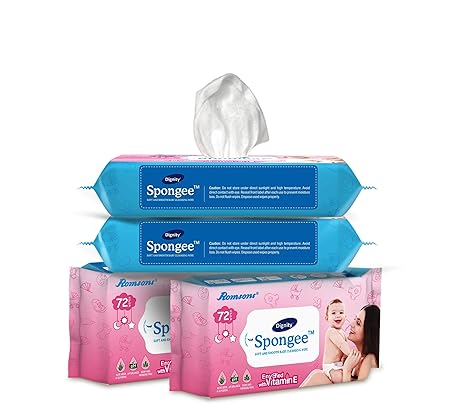 Dignity Spongee Baby Wet Wipes, 150 x 200 mm, 72 Wipes/Pack (Pack of 4, 288 Wipes)