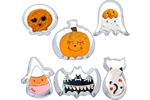 6 Pieces Halloween Cookie Cutters Set, Holiday Baking Molds of Pumpkin, Ghost, Corn Candy, Bat, Cat, Skull Cookie Cutters wit