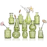 GarDream Green Small Bud Vases in Bulk 12, Vintage Embossed Flower Vases for Centerpieces, Boho Glass Vase for Flowers, Decorative Mini Vase for Wedding Decoration Party Baby Shower Home Dining Table