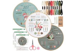 CDThinkingU Embroidery Kit for Beginners, 3 Sets Embroidery Starter Kits for Adults, Stitches Practice Sewing Embroidery Kit with Hoop, Stamped Pattern, Threads and Needles