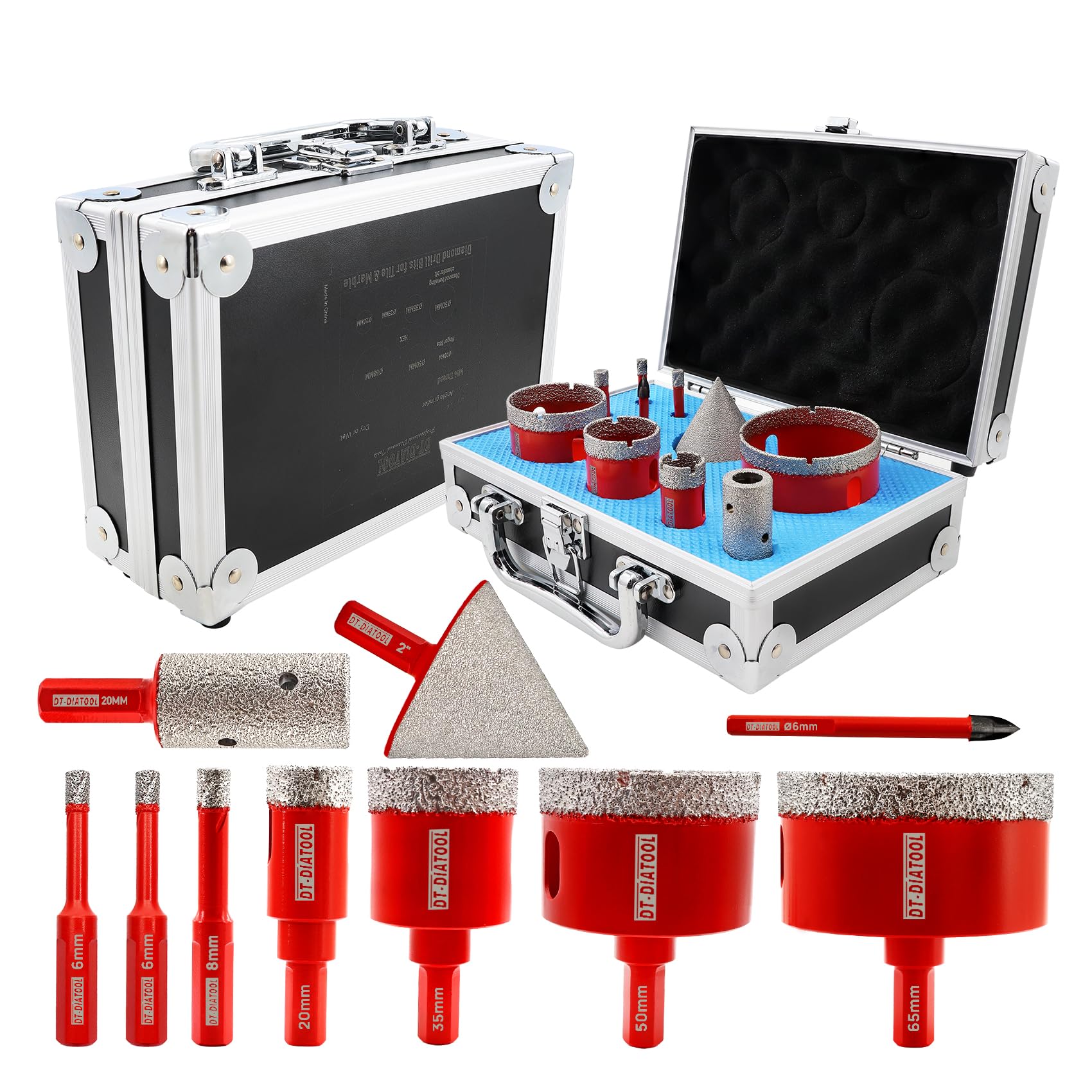 Diamond Core Drill Bit Set, DT-DIATOOL 10pcs - 6/6/8/20/35/50/65mm + 6mm Carbide Positioning Drill Bit with Triangle Shank+20mm Finger Bit+50mm Chamfer Bit for Porcelain Tile Ceramic Marble