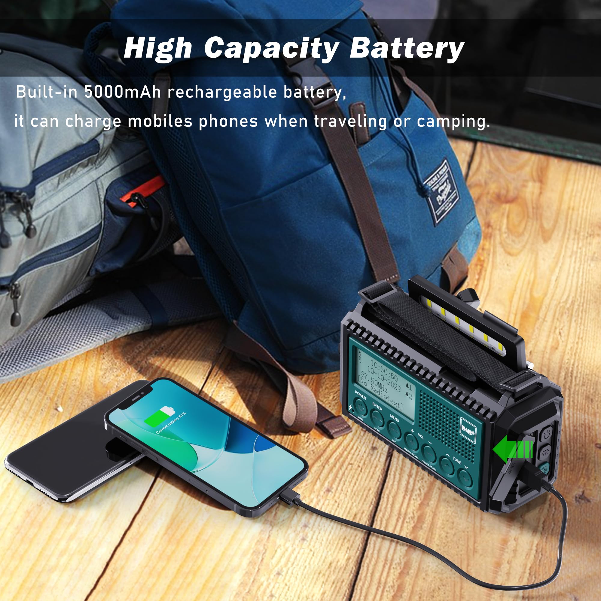 Kurbelradio DAB+/DAB/UKW mit 5000mAh Akku Wiederaufladbare, Notfallradio mit Taschenlampe & Leselicht, Tragbare Camping Radio mit USB Handyladefunktion FM Dynamo, SOS-Alarm für Wandern, Outdoor 5