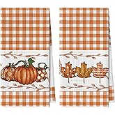 Artoid Mode Orange Buffalo Plaid Pumpkin Fall Kitchen Towels Dish Towels, 18x26 Inch Quick Dry Microfiber Hand Towels for Kitchen Drying Set of 2