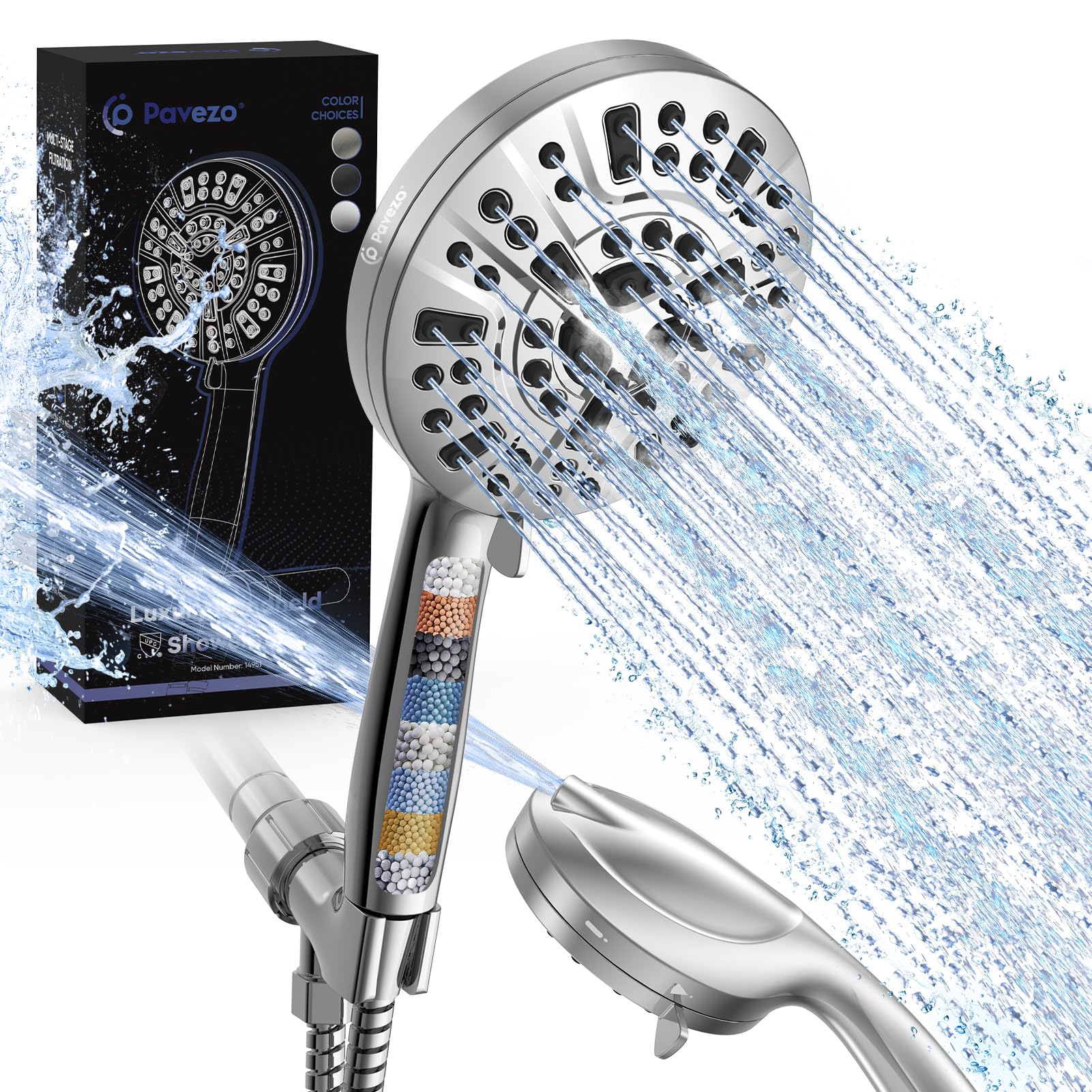 Photo 1 of Pavezo® High Pressure Shower Head Handheld 5" Large, Extra Long 60" SS Hose 10-mode Portable Detachable Shower Head with Hard Water Filter for Bathroom, Anti-clog & Powerful to Clean Tile & Pets