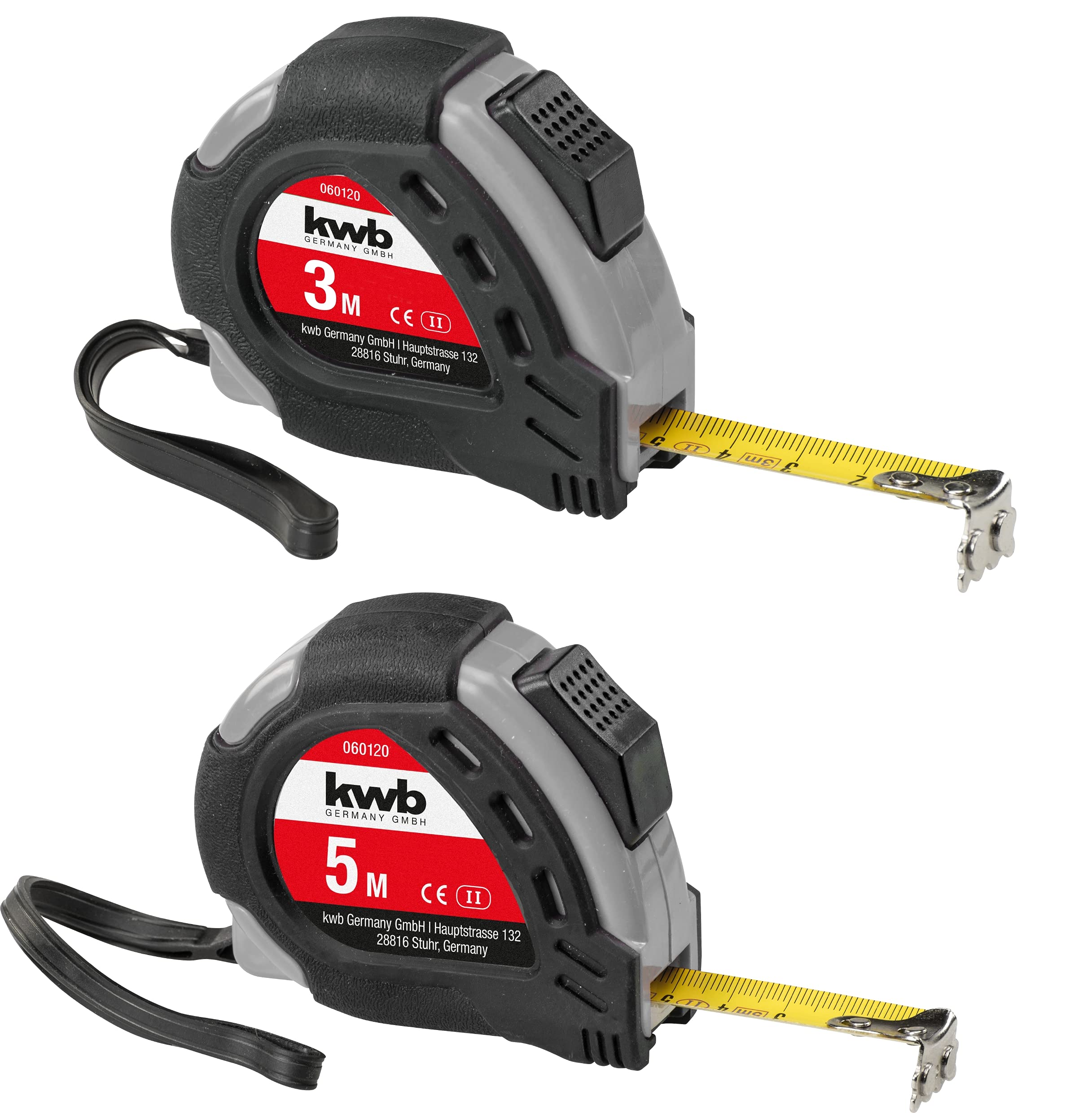 kwb PRECISA Tape Measure Set 2 Pieces with Steel Tape Measure 3 + 5 Metres with Hand Loop, Includes Belt Attachment, with Magnetic Hook, Tape Measure for Measuring Work in Wood, Metal, Drywall