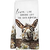 Yorhifa Funny Farmhouse Donkey Kitchen Dish Towels, Farmers Gifts for Men Women Farm House, Live Like Someone Left The Gate Open Hand Towels for Bathroom Kitchen Decor, Donkey Gifts, 16x24 Inches
