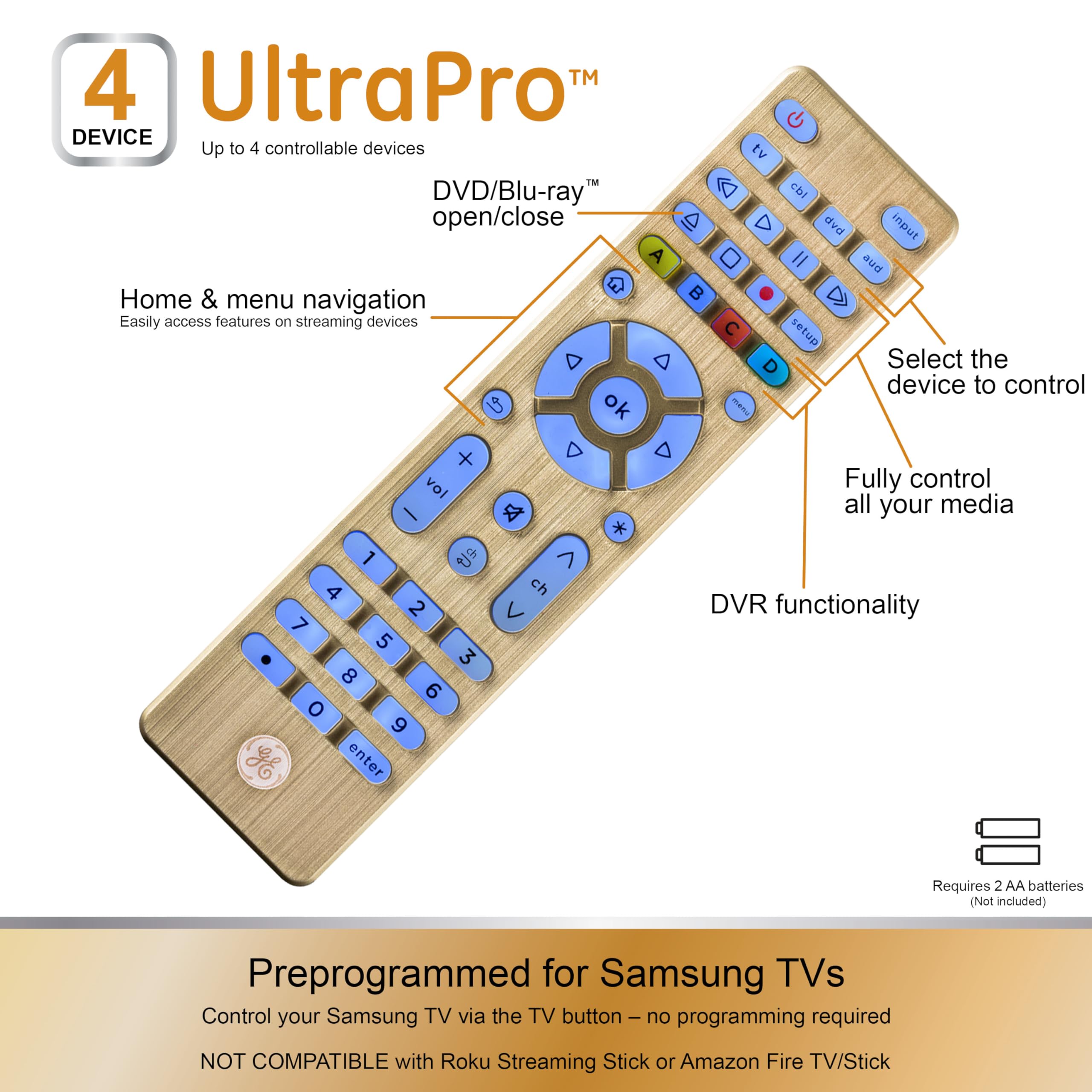 GE Universal Remote Control, Samsung TV Remote,Universal TV Remote for Roku TV, Vizio, LG, Sony, Sharp, Roku, Apple TV, TCL, Panasonic, Smart TVs, Streaming Players, Blu-ray, DVD, 4-Device, Gold,48845