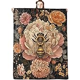jwyta Vintage Bee and Floral Flannel Blanket,Elegant Botanical Throw with Peony and Rose on Black Background,Lightweight Fleece Blankets for Nature Lover,Couch,Bed,Camping Decor Gifts,60x50in