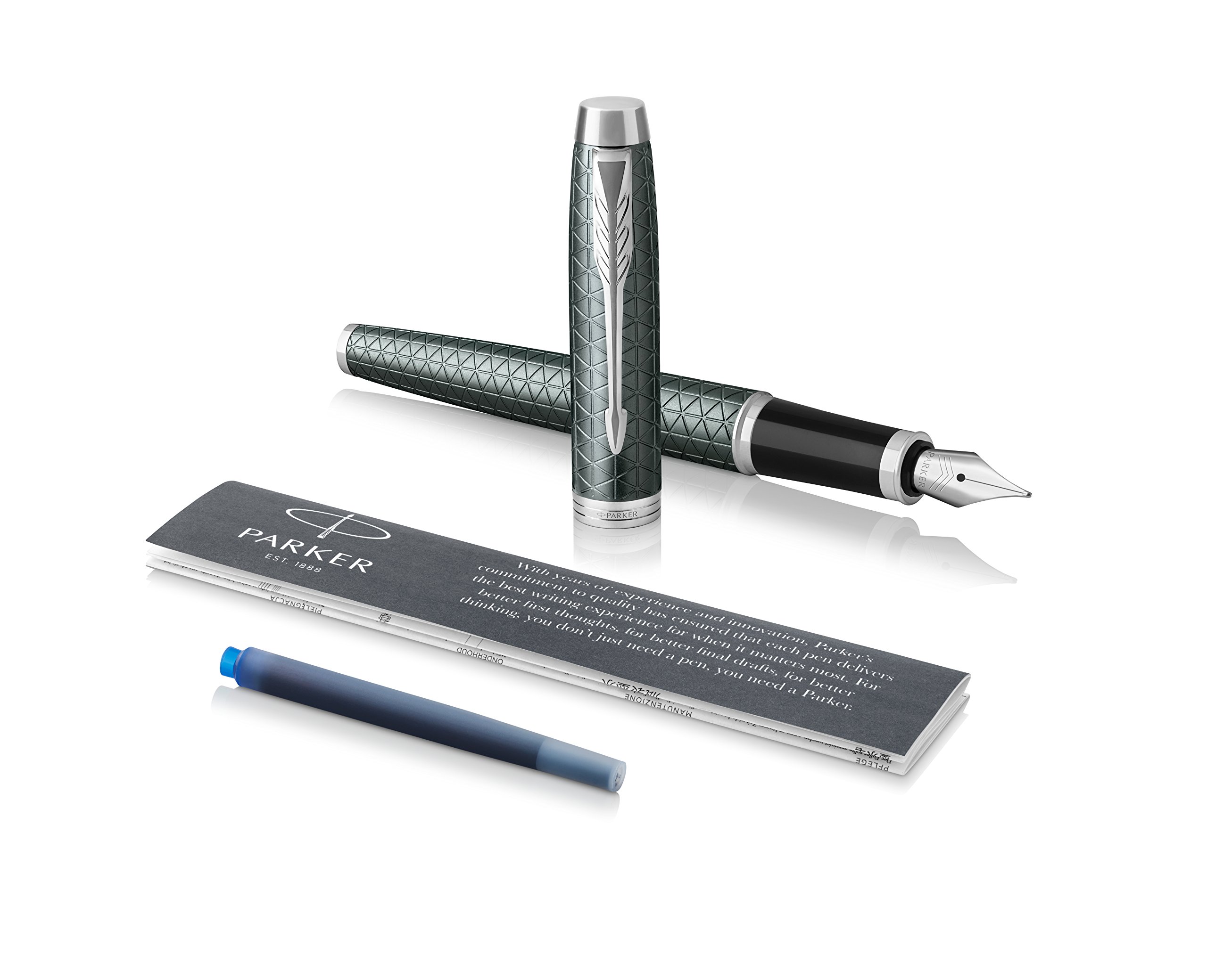 Parker IM Fountain Pen, Premium Dark Green, Fine Nib with Blue Ink Refill (1931640)