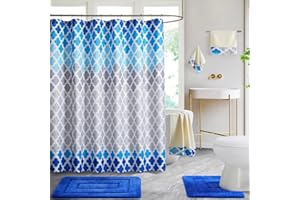 WPM WORLD PRODUCTS MART WPM Bathroom Rugs, Towels and Shower Curtain Combo Set. Royal Blue Color Trellis Print Bath Rug Set (Gradient Royal)