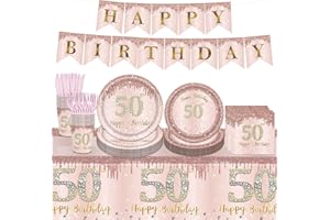 98PCS 50th Birthday Party Plates 50th Birthday Party Supplies Pink Rose Gold Party Decorations 50th Birthday Decorations for 