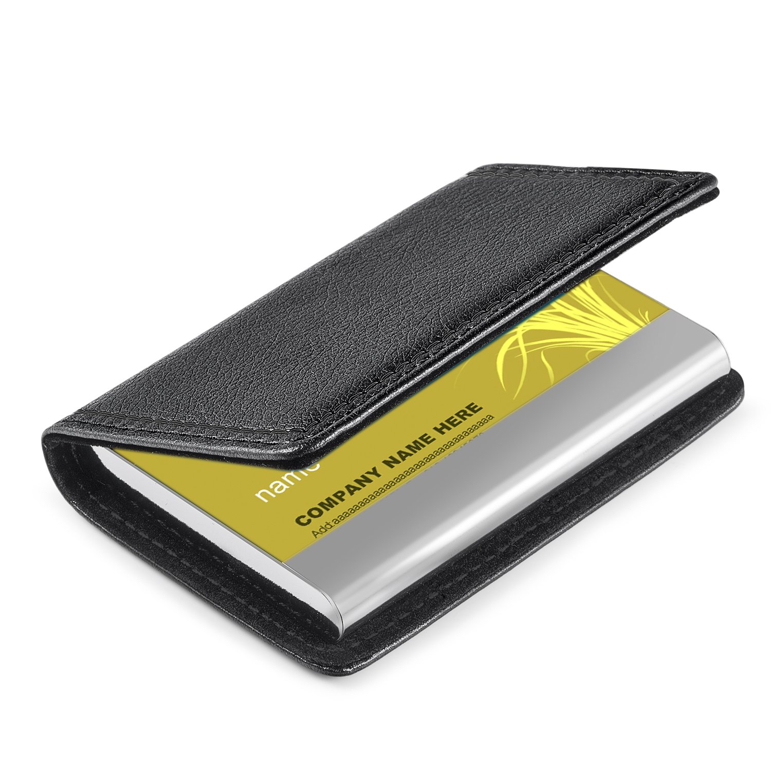 wisdompro Business Card Wallet, PU Leather & Metal Business Card Case Pocket with Magnetic Closure for Men & Women - Black/Black Thread