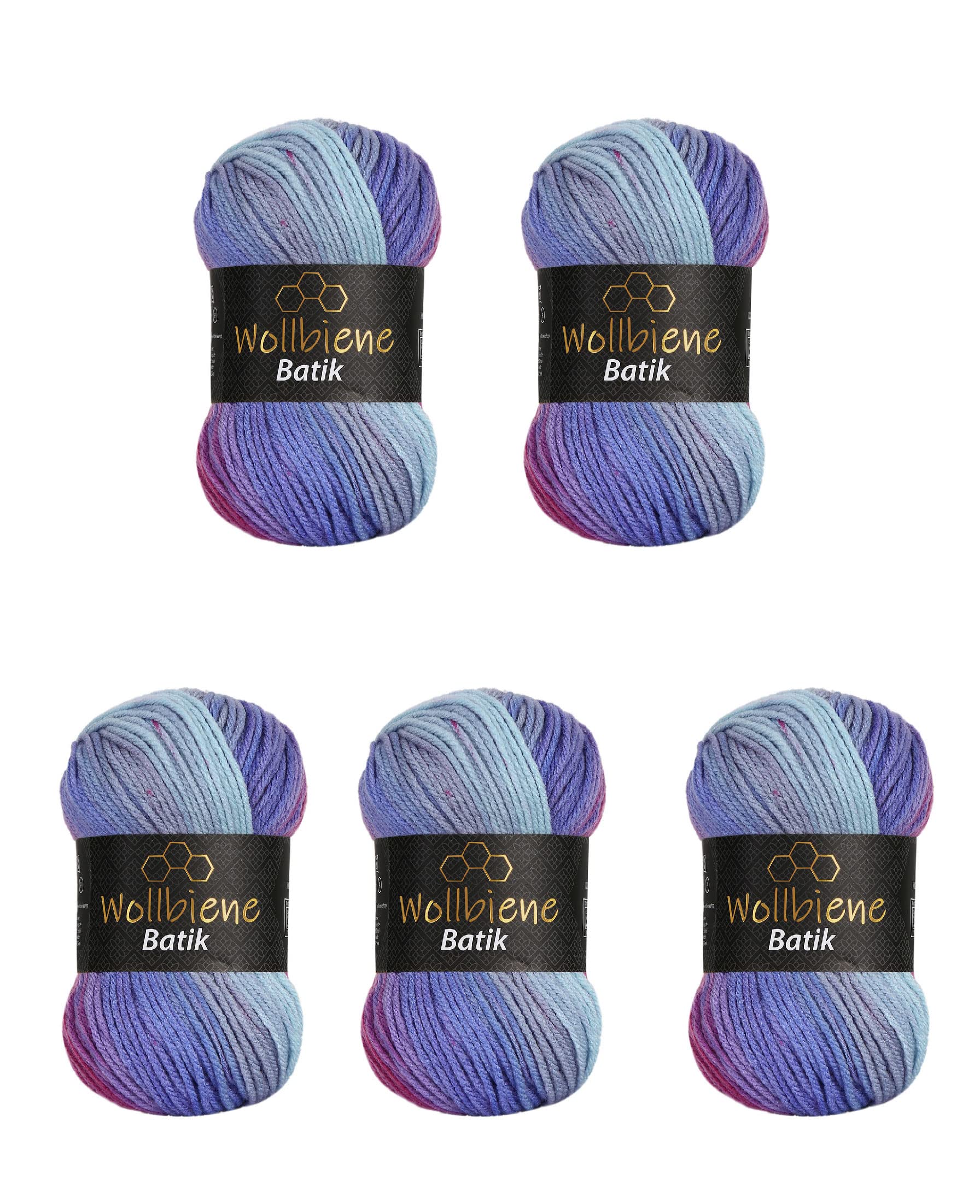 5 x 100 g Wollbiene Batik, 500 g Wool with Colour Gradient, Multicoloured Knitting Wool, Crochet Wool (2000 Berry Purple) — image 1