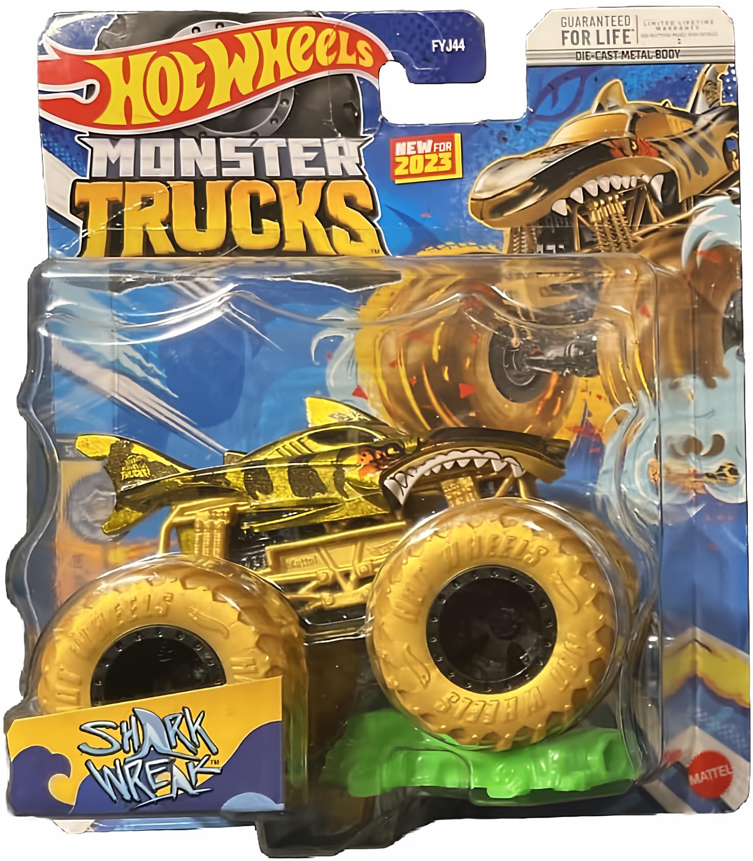 Hot Wheels Monster Trucks New for 2023 1:64 Scale (Shark Wreak Gold Champion Crashers 5/6)