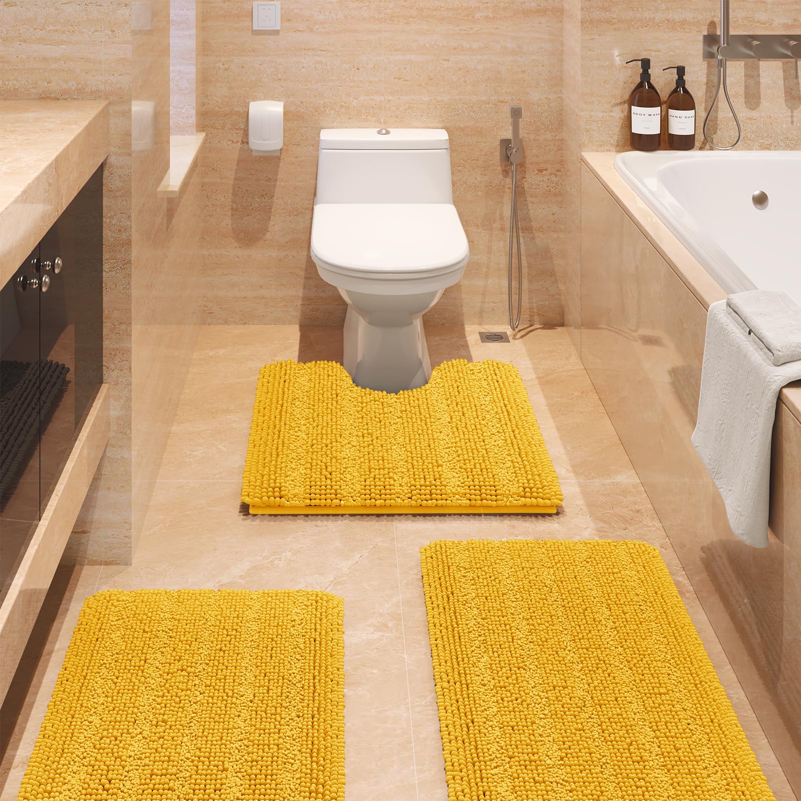 ACCUMTEK Striped Yellow Bathroom Rug Set 3 Pieces Ultra Soft, Non Slip