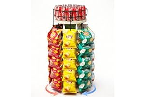 Liaakrr 360° Rotating Snack Display Stand with Secure Top Tier, Holds Drinks & Chips, 5-Tier 40-Clip Countertop Organizer for Party, Kitchen, Store