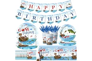 GREHUMOR 142 Pcs Gone Fishing Tableware,Fishing Birthday Party Decoration Little Fisherman Gone Fishing Themed Disposable Tablecloth,Plates,Napkins Cups Forks and Knives Supplies of Fishing Birthday Party