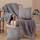Blanket & Throw Pillow Covers Set - Dual-Sided Faux Fur Fluffy Blanket (50" x 60"), 2 Pcs Cozy Plush Throw Pillow Cover (18" x 18"), Soft Fuzzy Decorative Coach Decor for Bed Sofa Living Room, Gray
