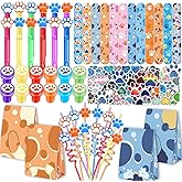 JJWYLTKB Dog Paw Party Favors Set - 120pcs Dog Paw Theme Party Supplies with Slap Bracelets, Bubble Wands, Stickers, Straws & Gift Bags for Birthday Rewards for Party Education