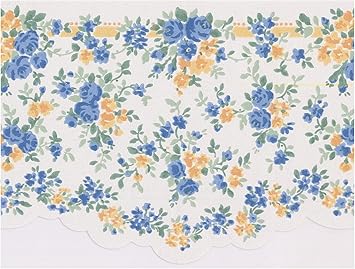 Amazon Com Wall Border Blue And Yellow Tiny Flowers Scalloped Wallpaper Border Retro Design Prepasted Roll 15 Ft X 6 5 In Kitchen Dining
