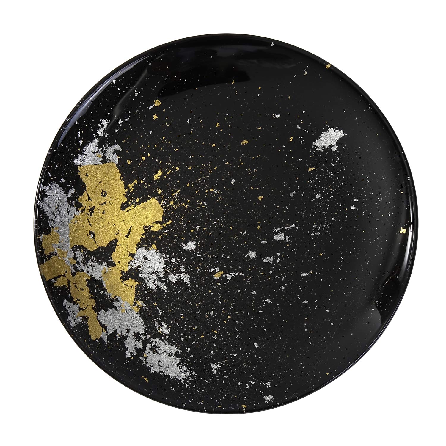 Syosaku Japanese Urushi Glass Flat Dinner Plate Φ11-inch Jet Black with Gold Leaf, Dishwasher Safe — image 1