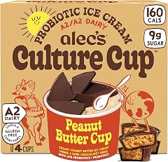 Alec's Culture Cup Peanut Butter Probiotic Ice Cream, 4 Count | 160 calories, 9g sugar, live probiotics, crackable shell, 3.5