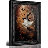 Framed Halloween Cute Ghost Witch Broom Canvas Wall Art 9x11in | Spooky Bat Forest Picture Wall Decor Vintage Witchy Ghost Print Artwork for Living Room Bedroom Entryway Home Decoration