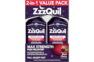 ZzzQuil Liquid Max Strength Pain Reliever, Nighttime Sleep Aid Liquid, Acetaminophen 1000mg, Diphenhydramine 50mg HCI, Non-Habit Forming, Black Cherry Flavored, 2 Pack, 24 FL OZ