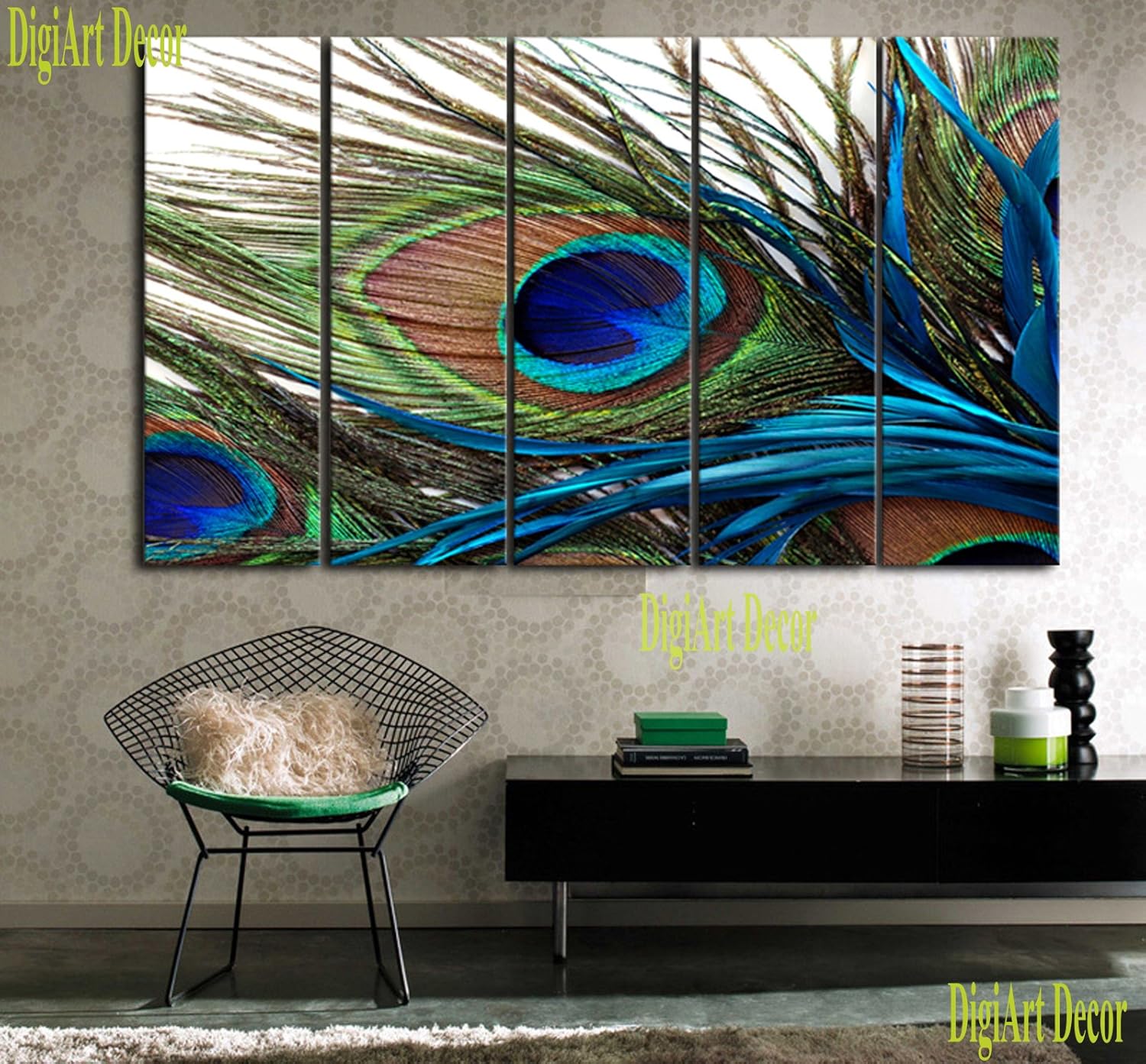 Amazoncom PEACOCK FEATHER Ready To Hang 5 Piece Wall Art Print