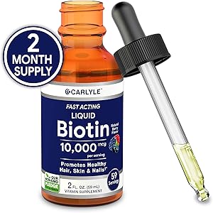 Liquid Biotin 10000mcg Extra Strength Drops | 2 oz | for Hair, Skin, Nails | Vegetarian, Non-GMO, Gluten Free Supplement | by Carlyle