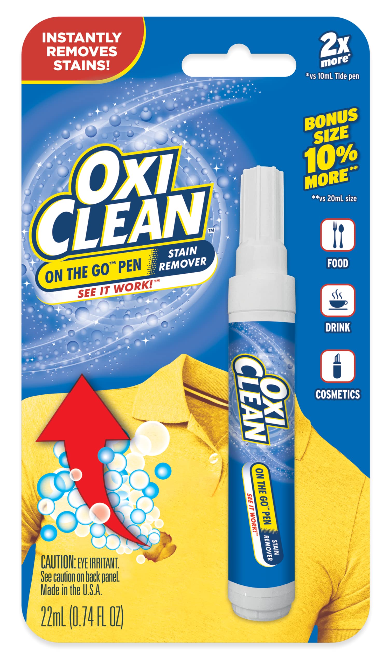 OxiClean On The Go Stain Remover Pen, 0.74 Fl Oz – Instant Travel Stain Cleaner for Clothes, Food, Wine, Coffee, Makeup, Portable & Easy Use