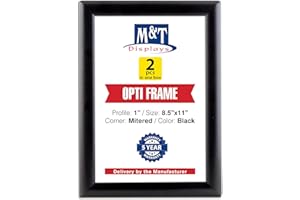 M&T Displays Opti Snap Poster Frame 8.5x11 Inch Black 1" Aluminum Profile Front Loading Wall Mounting Photo Picture Document Certificate Sign Holder Mitered Corner Anti Glare Cover (2 pack)