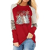 Christmas T Shirt Womens Merry and Bright Shirt Xmas Leopard Print Tree T-Shirt Holiday Graphic Tee Tops