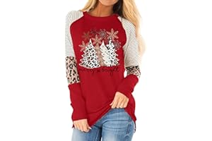 YI XIANG RAN Christmas T Shirt Womens Merry and Bright Shirt Xmas Leopard Print Tree T-Shirt Holiday Graphic Tee Tops