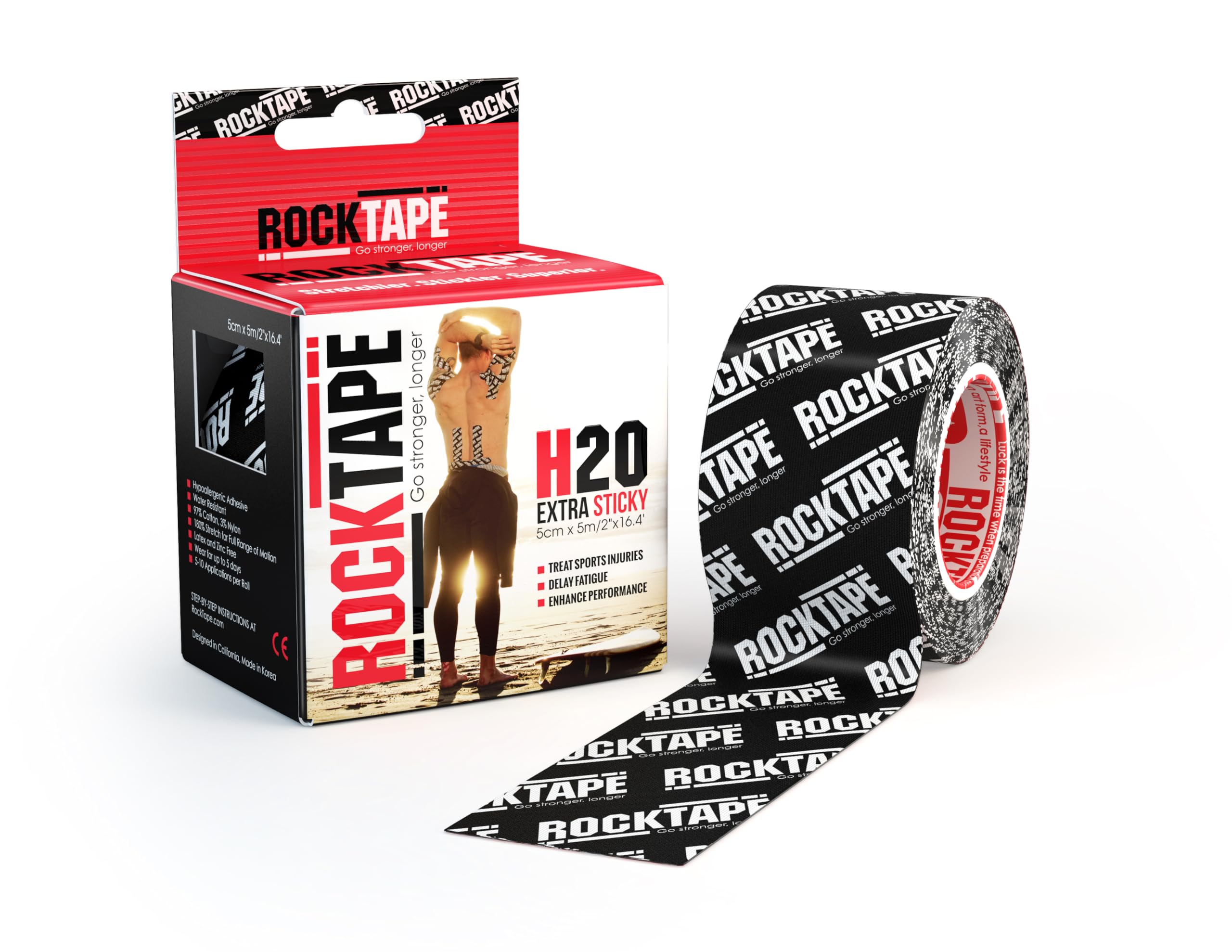 RockTape Unisex Rocktape 3 Extra Sticky RockTape H2O Black Logo Tape Small, H2o Black Logo, Uncut Roll - 5cm Wide UK