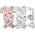 Terriboo Newborn Baby Boy Long Sleeve Sleeper Gown with Mittens Knotted Gown Coming Home Outfit Nightgown Hat Set 2 Pieces
