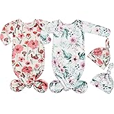 Terriboo Newborn Baby Boy Long Sleeve Sleeper Gown with Mittens Knotted Gown Coming Home Outfit Nightgown Hat Set 2 Pieces