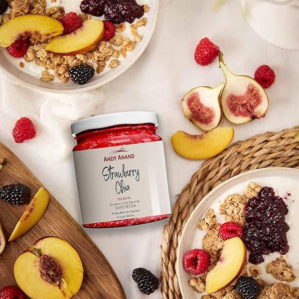 ANDY ANAND ORGANIC STRAWBERRY CHIA JAM 96% FRUIT, SWEETENED WITH AGAVE, ONLY 4 INGREDIENTS, LOW CALORIE, ALL NATURAL, NUTRITIVE AND ENERGETIC FOOD, VEGAN, GLUTEN FREE, GMO-FREE (9.6 OZ)