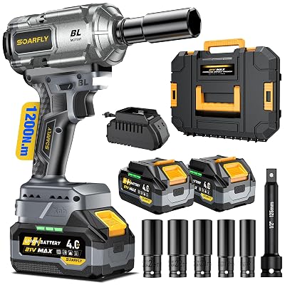 SOARFLY Upgraded Cordless Impact Wrench 1/2", 900 Ft-lbs (1200 Nm) Brushless Impact Gun, 21V High Torque Impact Driver with 2x 4.0Ah Batteries, Variable Speed for Car, Truck, Workshop, Heavy-Duty Jobs
