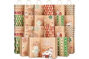 DECKTHEHALLS Gift Bags Medium Size with Handles - Holiday Decorations, Assortment with 12 Designs for Presents, Shopping and Parties - Kraft Paper 24 Pack