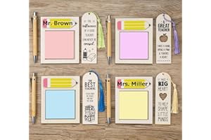 GEECOZYLIFE 12 PCS Personalized Teacher Appreciation Gifts in Bulk - Teacher Desk Name Gifts with 4 Sticky Note Pad Holders & 4 Bookmarks & 4 Bamboo Pens & 2 DIY Letter Stickers - Christmas Teacher Gifts