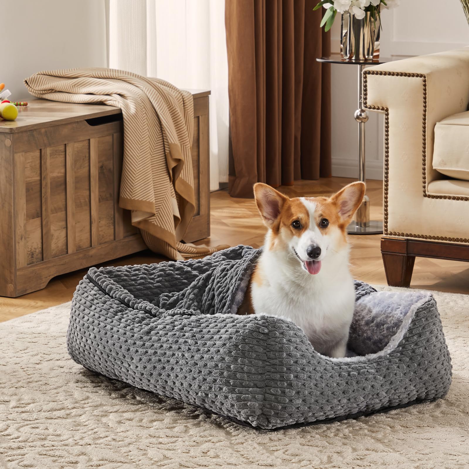 Heymamba Small Dog Cat Bed with Hooded for Kittens&Puppies, Calming Puppy Bed Pet Cave Bed with Breathable Rose Fluff, Waterproof Pet Sofa Suitable for Corgi and Bulldog, 53x50x17cm