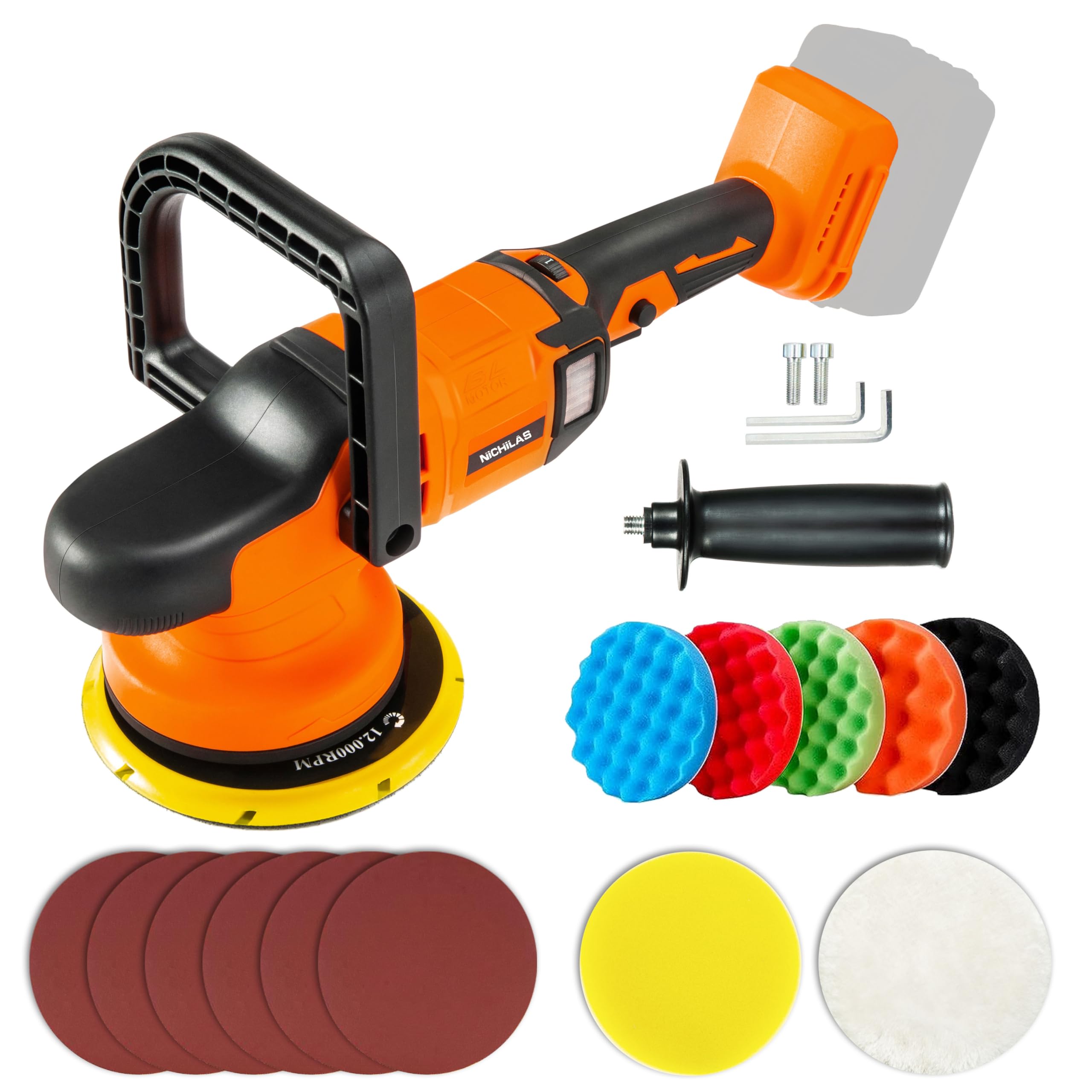 Photo 1 of Nichilas Car Orbital Polisher Compatible with DEWALT 20V Battery, 6inch 150mm Brushless Cordless Design Buffer Car Waxer with 6 speeds 750-6800RPM, 13PCS Polishing Accessories (NO BATTERY)