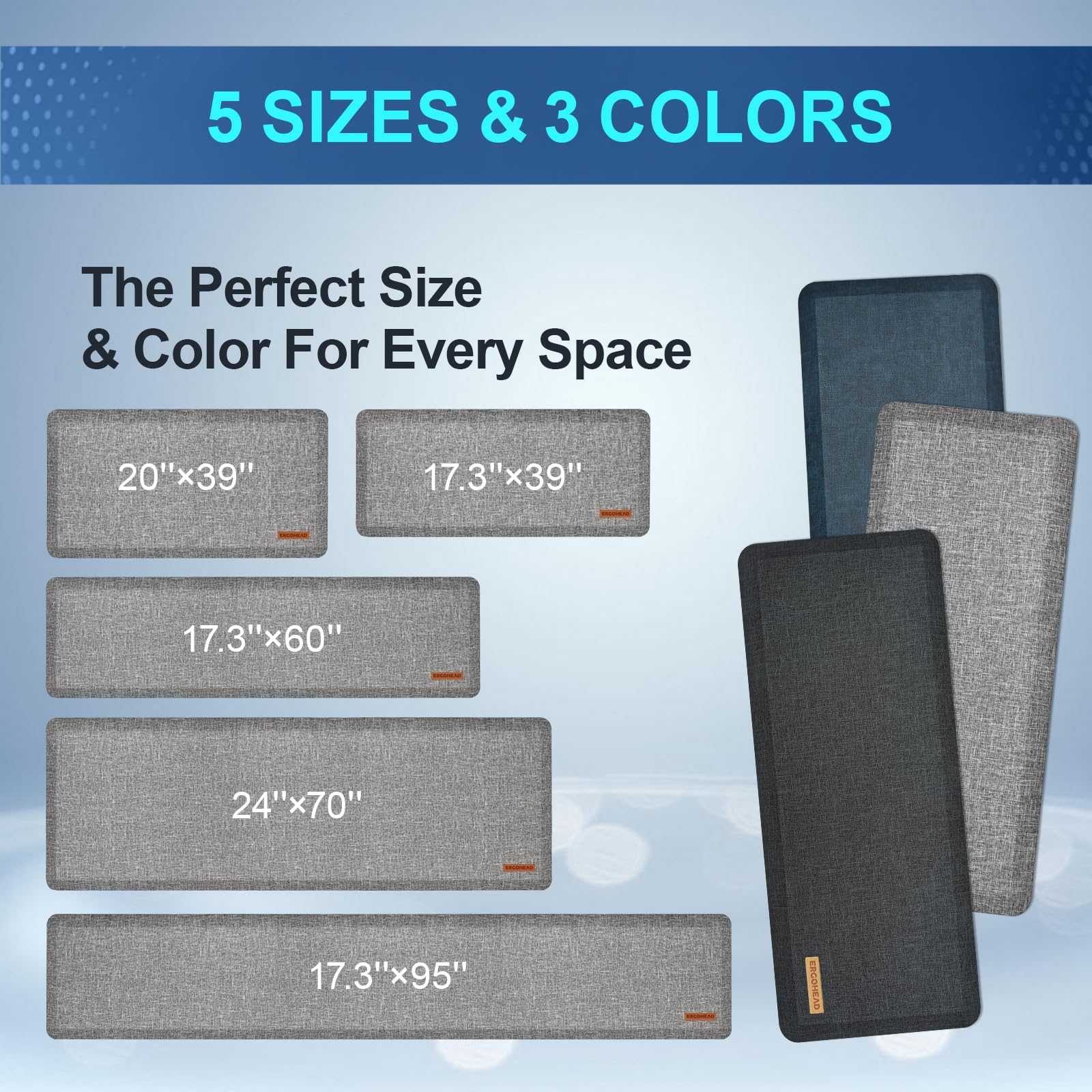 Ergohead Anti Slip 7/8 inchs Anti Fatigue Kitchen Floor Mat, Ergonomic Comfort Standing Mat, Waterproof Kitchen Runner for Home, Kitchen, Office, Laundry, Garage (Light Gray, 17.3