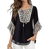 Lotusmile Womens Blouses Dressy Casual 3/4 Sleeve Tops Ruffle Floral V Neck Chiffon Trendy Work Shirts