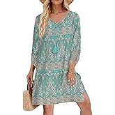 HOTOUCH Women Casual Beach Summer Dress Boho V Neck 3/4 Long Sleeve Short Floral Print Flowy Swimsuit Cover Up Sundress