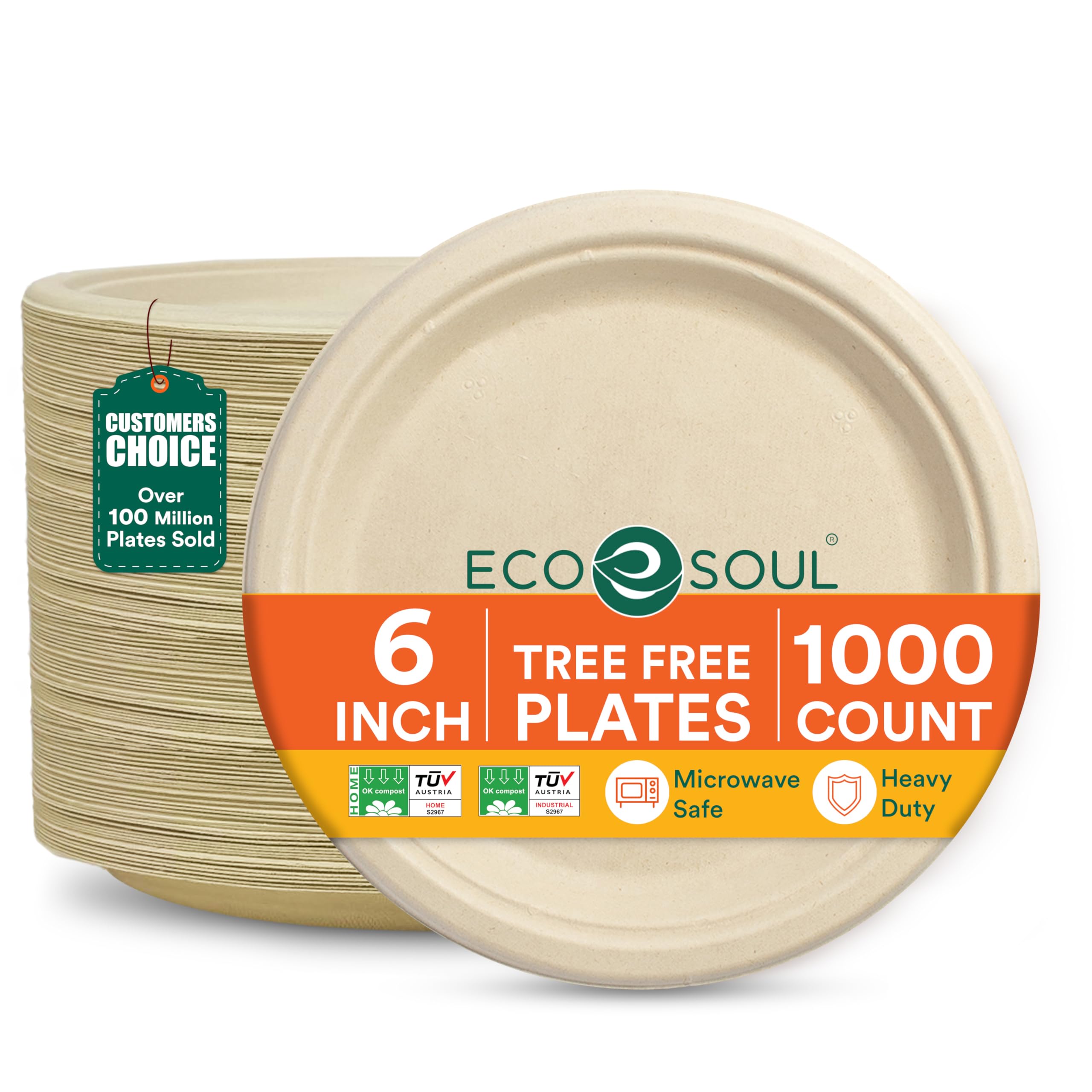 ECO SOUL 6 Inch Compostable Disposable Paper Plates [1000 Pack] Food Safe 100% Virgin Bagasse Pulp Heavy Duty Microwave Safe Small Round Dessert Appetizer Plate for Party, Picnic & BBQ (Brown) Image